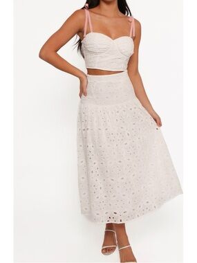 Petal & Pup Kara 100% Cotton White Eyelet Bustier Crop Top & Maxi Skirt Size M